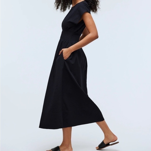 Madewell Smocked-Waist Midi Dress in True Black Seersucker size XS NWT NP123 - Picture 3 of 12
